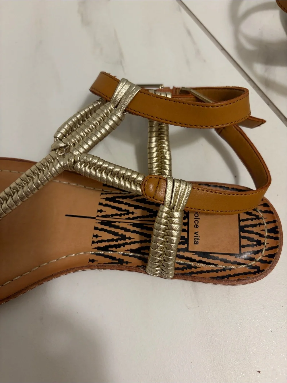 Dolce Vita Braided Metallic T-Strap Brown Sandals - Women's Casual Summer Shoe
